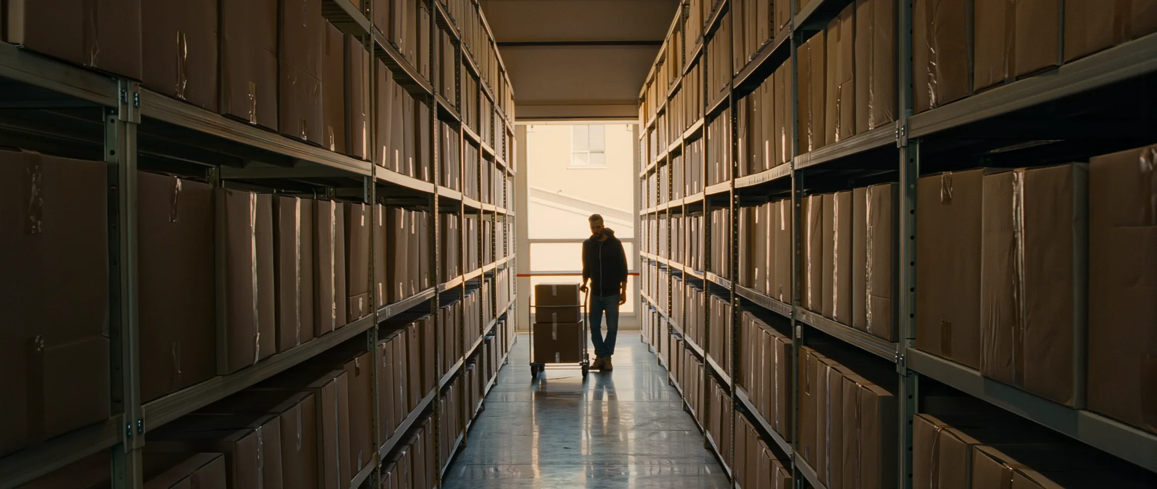 A warehouse worker with a hand truck in an aisle, in low sunlight