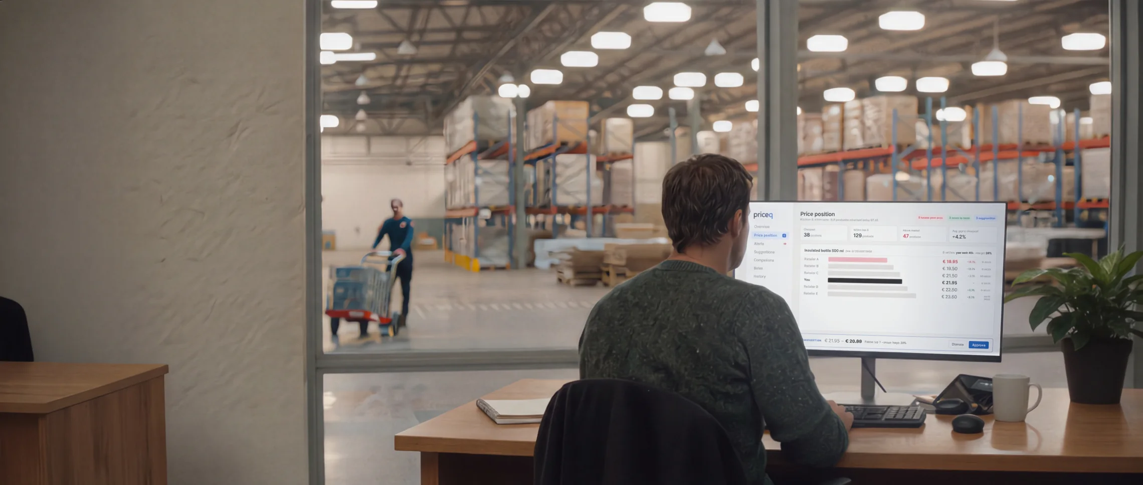 A pricing manager at their monitor in the office of a webshop, with the warehouse behind them